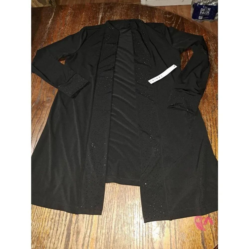 New MediumโTribal Black Long Sleeve Open Front Cardigan Jacket Blazer Embellish